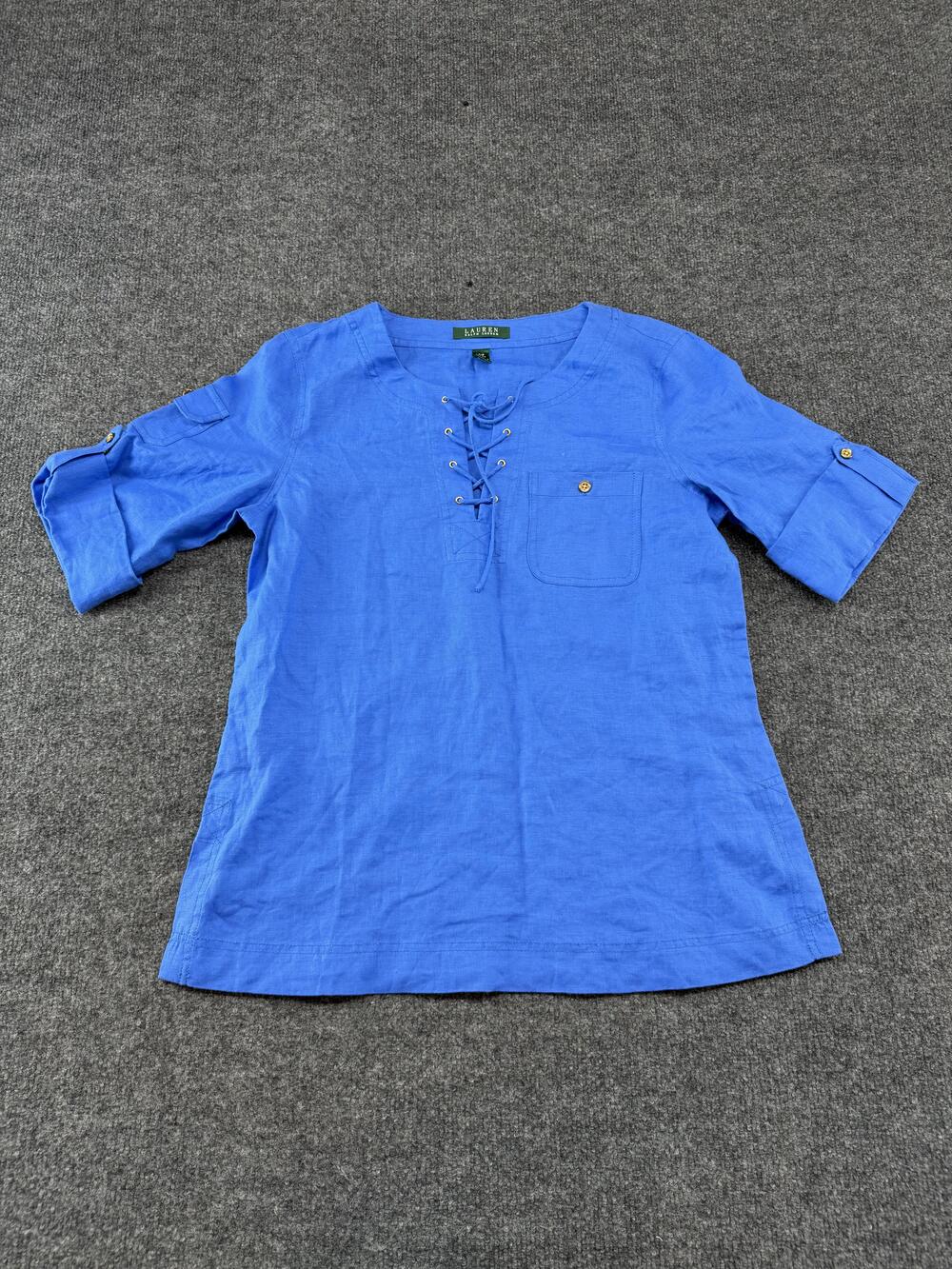 Lauren Ralph Lauren Blouse Womens Small Petite Blue Linen Lace Up Tunic Top